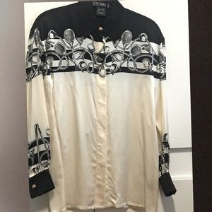 Escada By Margaretta Silk Blouse Tennis Trim Print Design US 6/36